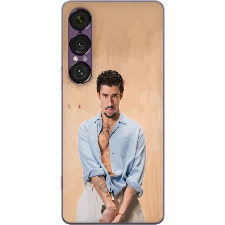 Yhteensopiva Puhelinkuori Sony Xperia 1 VII Bad Bunny Super Bowl-inspiroima grafiikka, jossa NFL-trofe ja San Franciscon silta urheilusuunnittelussa
