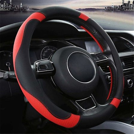 Universal ægte læder ratdæksel - Skridsikker, Rød (37-38cm/15inch)