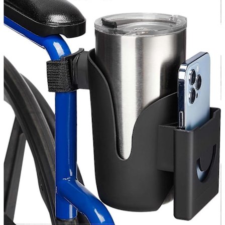 Koppholder for rullestol, 2 i 1 Vannflaskeholder og telefonholder, Universell drikkekoppholder for rullator, gåstol, barnevogn, sparkesykkel