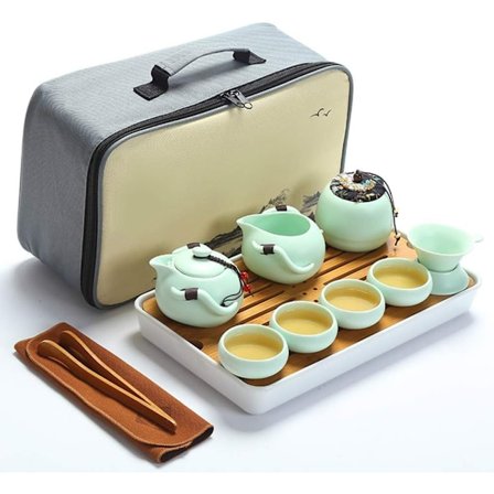 Kung Fu Te-sett, Håndlaget Porselen Tekanne med Bambusbrett - Bærbart Grønt Reisesett Inkluderer Tekopper & Veske, Perfekt for Hjemmet, Av