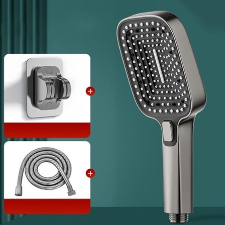 Handhållet duschhuvud | Kraftfullt stort handhållet duschhuvud, pistolgrått, 3 lägen, 3-delars set, duschhuvud med 3-läges booster