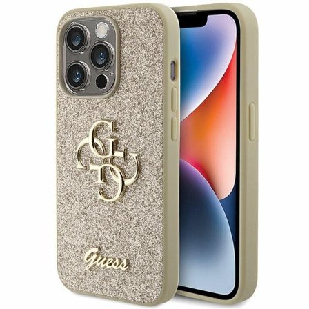 Guess Glitter Script Big 4G iPhone 15 Pro-etui - Guld