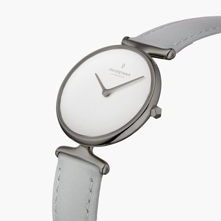 Nordgreen - Damski Elegancki Zegarek Styl Skandynawski - Biała Tarcza - Pasek Skórzany Szary