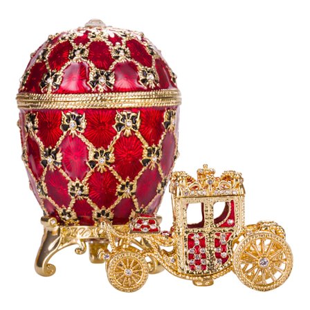 Faberge stil Keiserlig Kroning egg Smykkeskrin med vogn 10 cm rød