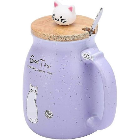 Personoitu kahvimuki, kissanmuotoinen keraaminen teemuki puisella kannella ja ruostumattomasta teräksestä valmistetulla lusikalla (ShiKai)