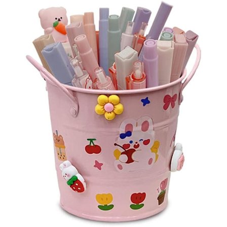 1 stk Rosa Pennestativ i Jern, Kreativt Pennestativ, Pennestativ med Stor Kapasitet, med Klistremerker, med Håndtak, kun pennestativ