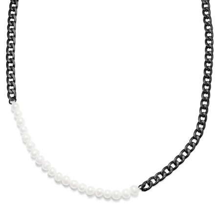 Charlie Amager Gunmetal Curb Chain & Pearl Necklace for Men - Steel necklaces