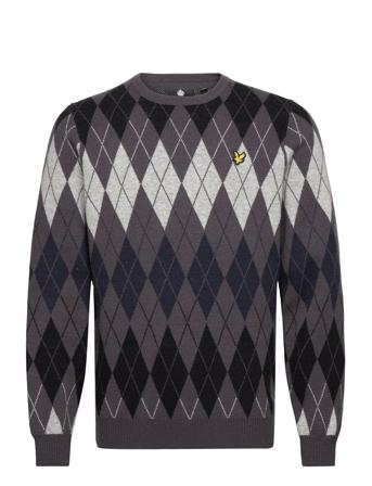 British Argyle Crew Neck Strikkegenser M. Rund Krage Grå Lyle & Scott*Betinget Tilbud