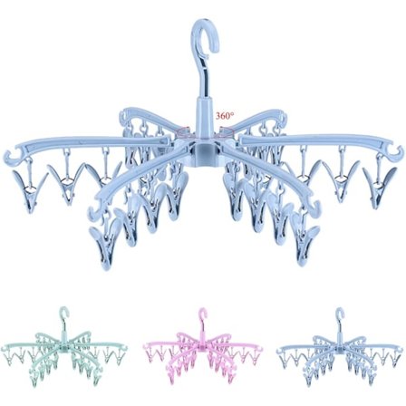 24 Tøjklemmer Foldbar Sokkeophæng Roterbar Tørrestativ Bøjle Sokketørrer til Undertøj Tøj Skosåler Lingeri