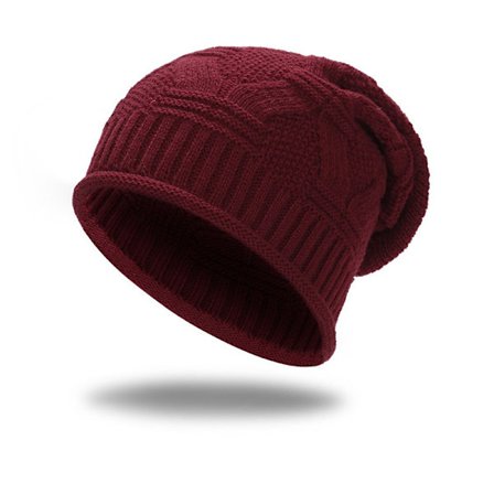 Varme strikhuer til efterår/vinter, buffet-huer i koreansk stil til mænd og kvinder, mørkerød