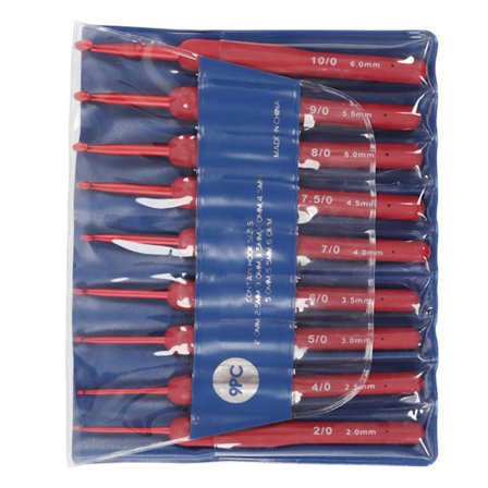 9 stk. Hæklenåle Rødt Aluminium Materiale Ergonomisk Silikone Grip Bærbart Blankt Strikkenålesæt til Vævning