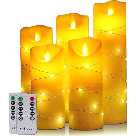 LED-flammeløs stearinlys med innebygde fe-lys (elfenbenshvit)