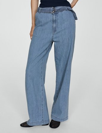 Mango Flowy Wideleg Trousers With Belt - Blue - S
