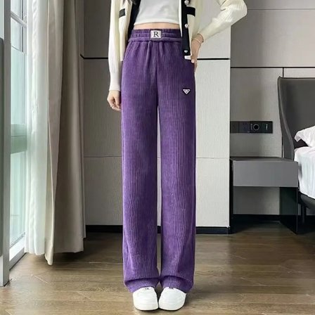 Damer i enfärgad elastisk midja Bokstavsbyxor Höst och vinter Hög midja ficka Rak Casual Byxor med vida ben