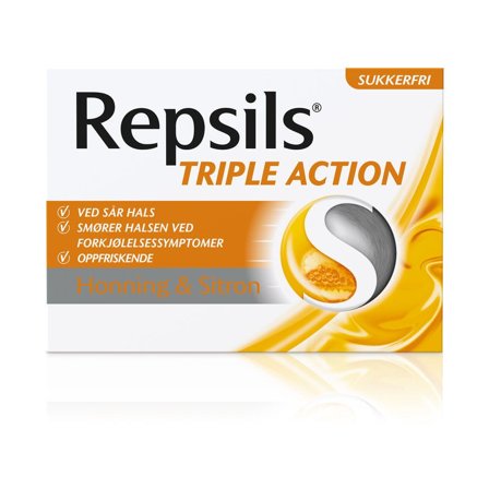 Repsils Triple Act halstabletter hon/sit sukkerfri 24 stk