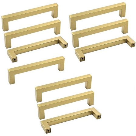 Kultaiset kaappivetimet, neliönmuotoiset keittiön laitteistokahvat harjattua messinkiä 6-1/4" (160 mm) reikävälisille (10 kpl)