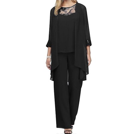 Ny Brudens Mor Buksedress 3 Deler Dame Bryllup Kompatibel med Formelt Antrekk Sett Chiffon Aftenkjole Pluss Størrelse svart