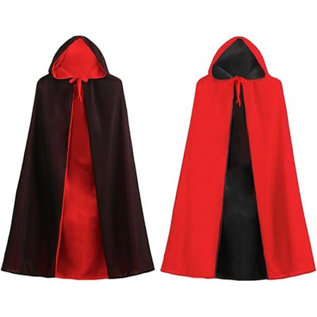 Børnekappe med hætte, rød og sort, dobbeltsidet udklædning som troldmand, heks, vampyrkostume