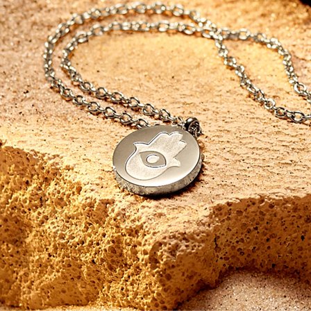 Unity | Collier en acier inoxydable argenté avec médaillon rond Khamsa pour hommes - Chaînes en acier