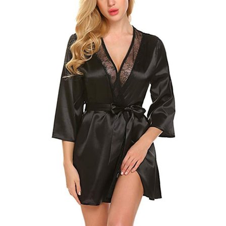 Kvinnor Satin Silk Nattlinne Bekväma underkläder Morgonrock Klänning black