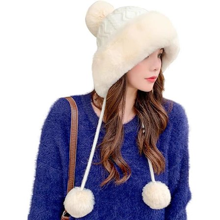 Dame pelsluer med dusk for vinter Varm strikket beanie Skull Cap Russisk Ushanka Trapperlue med ørebeskyttelse