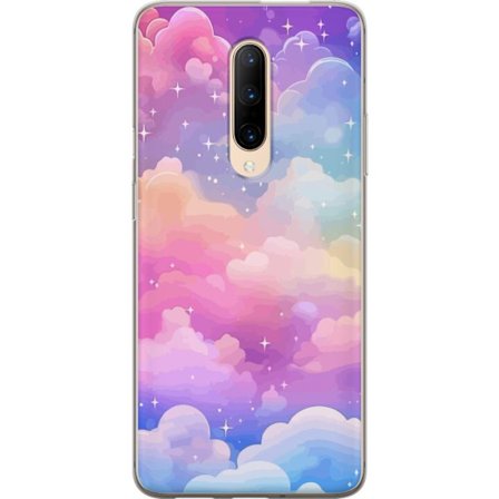 Kompatibelt Mobildeksel til OnePlus 7 Pro Søt enhjørning med regnbuefarget hår mot en stjernebelagt pastellbakgrunn i kawaii-stil