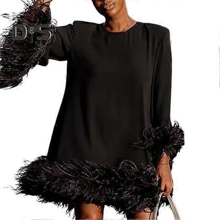 Dame Høst Vår Kjole Løs Rund Hals Fuzzy Fuskepels Dekor Ensfarget Langermet Genser H-formet Over Knelengde Mini Kjole