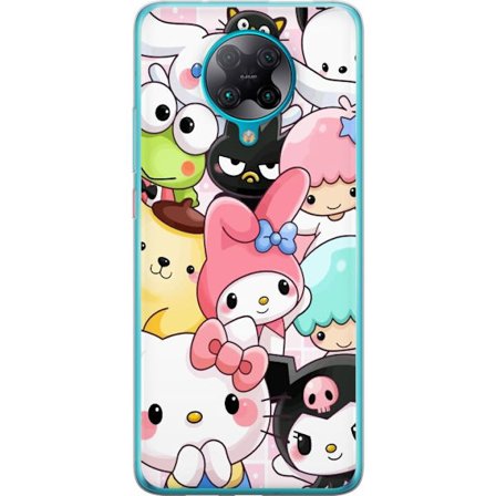 Kompatibelt Mobildeksel til Xiaomi Poco F2 Pro Tett mønster av søte figurer med store øyne i ulike farger og uttrykk med LABUBU-tekst