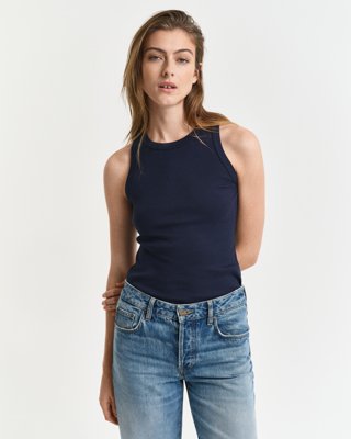 GANT - Ribbestrikket tanktop med høy halslinning til dame evening blue