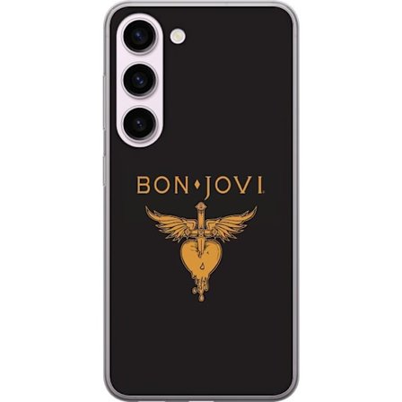 Kompatibelt Mobilskal till Samsung Samsung Galaxy S23 Ikonisk musikillustration med bevingat hjärta och dolk i guldtoner på mörk bakgrund, kraftful