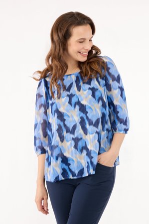 BRANDTEX - 3/4 Ærmet Bluse - Blå Mix - Plisseret