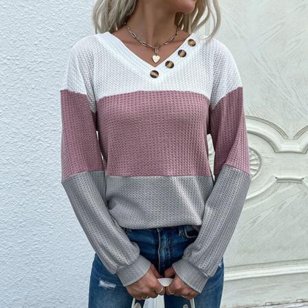 Kvinnor V-hals Tee Knappar Dekor Pullover