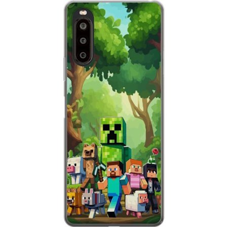 Kompatibelt Mobildeksel til Sony Xperia 10 II Blokkete pikselerte spillverden med grønne figurer og dyr i frodig skogsmiljø