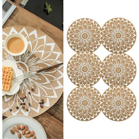 Sæt med 6 Boho PVC Runde Dækkeservietter til Spisestue Mandala Dækkeservietter Vaskbare Varmebestandige Dækkeservietter Jute Retro Borddekoration