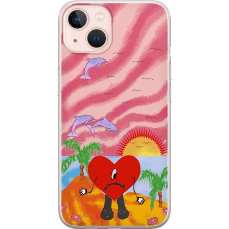 Kompatibel Mobilcover til Apple iPhone 13 mini Bad Bunny i en farverig quiltet jakke med hjertemønster og solbriller i moderne gade stil