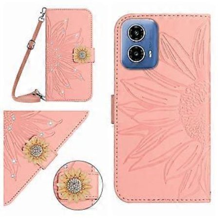 Kompatibel med Motorola Moto G04/G24 preget solsikke med diamanter magnetisk kortholder lommebok telefondeksel med skulderstropp - Rosa