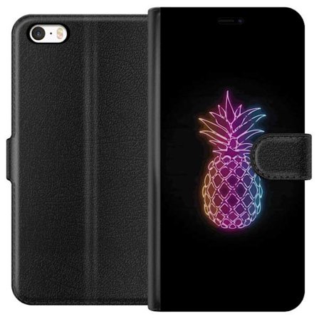 Kompatibelt Lommeboketui til Apple Apple iPhone SE (2016) Neonlysillustrasjon av ananas i fargerikt lys mot svart bakgrunn