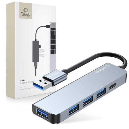 HUB Tech-Protect V0 5in1 USB-A - USB-A 3.0 / 3x USB-A 2.0 / USB-C - harmaa