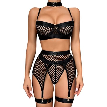 Dame Lingerisæt, 5 Dele Fiskenet BH med Strømpebælte Trusse og Choker til Særlige Lejligheder og Romantiske Nætter (L)