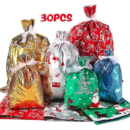 30 julegaveposer, tinnfolieomslag, omslag og Mylar-godteposer (store, mellomstore og små) - Perfekt