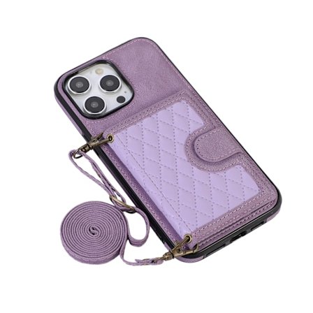 Kotelo iPhone 13 6.1:lle, taro-purppura, hihna, kaulanauha, timantti, crossbody, korttipidike, lompakko, olkalaukku