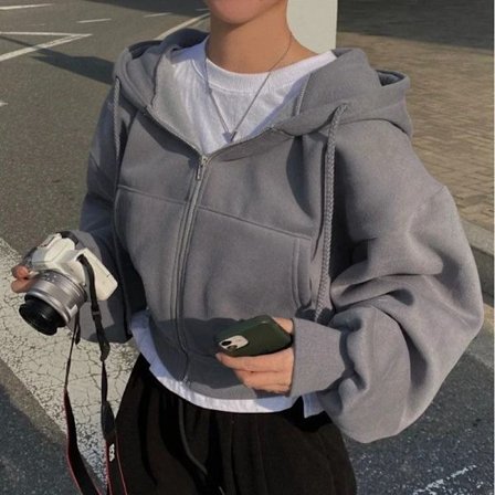 Koreansk Hood Tröja Dam Mode Fleecefodrad Lös Hoodie Dragkedja Långärmad Crop Tops Harajuku Damjackor Kappor Sweatshirt