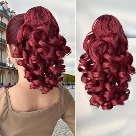 Brun Vinrød Blandet Farve Hestehale Hår Extensions, 14 tommer (ca. 36,0 cm) Let Krøllet Snøre Hestehale, Lang Tyk Falsk Hestehale, M...