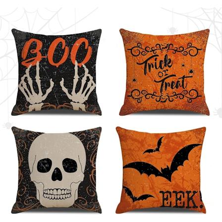 Halloween Kuddfodral 18x18 tum, 4-pack med Skalle, Bat och Boo-mönster, Halloween Inredningsdekorationer, Svart Orange