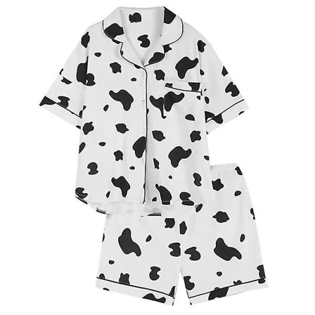 1 Sett med 2 stk Sommer Dame Pyjamas Tegneserie Ku Pyjamas Bomull Cardigan Kortermet Shorts Casual Hjemmeklær Todelt Sett (hvit Svart Størrelse Xxl)
