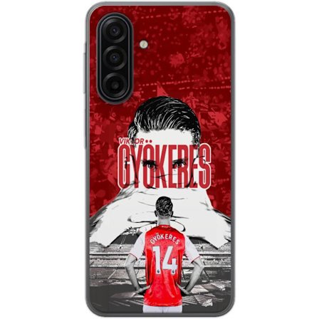 Yhteensopiva Puhelinkuori Samsung Galaxy A17 5G Punainen dramaattinen kollaasikuva, jossa esiintyy Viktor Gyökeresin muotokuva ja pelaajia takaapäin a