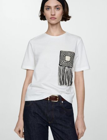 Mango Crochet Detail T-Shirt - White - XS