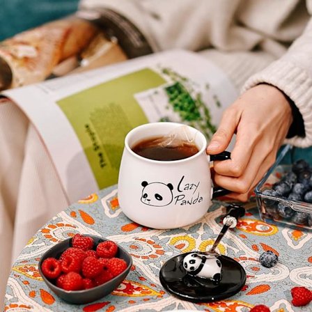 Lazzy Panda krus - Sød keramisk kaffekrus med 3D panda låg og ske - 3D panda kaffekrus kop - Nyhedskaffe te mælkekrus gaver