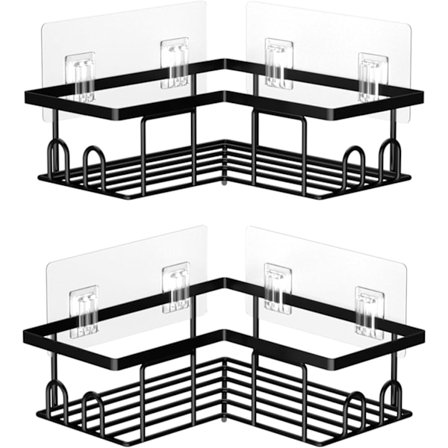 Hjørnedusjhylle 2-pakning, Dusjhylle uten boring, Badoppbevaring med kroker for bad, Svart