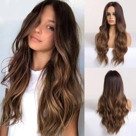 Lang brun paryk syntetisk bølget paryk til kvinder, hverdagsfrisure